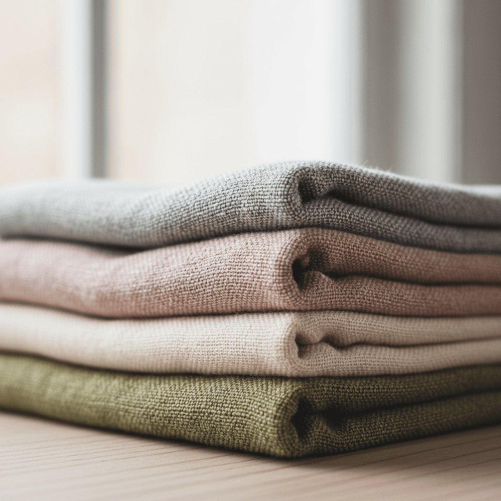 Close-up of folded quality apparel in natural colors showing fabric texture and detail