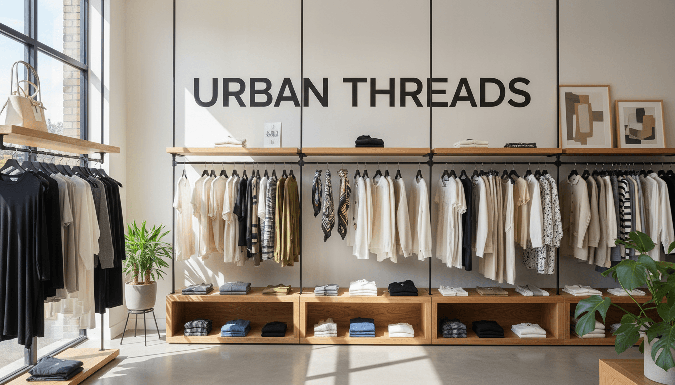 Modern clothing store interior showcasing diverse apparel collection with clean display shelves and natural lighting