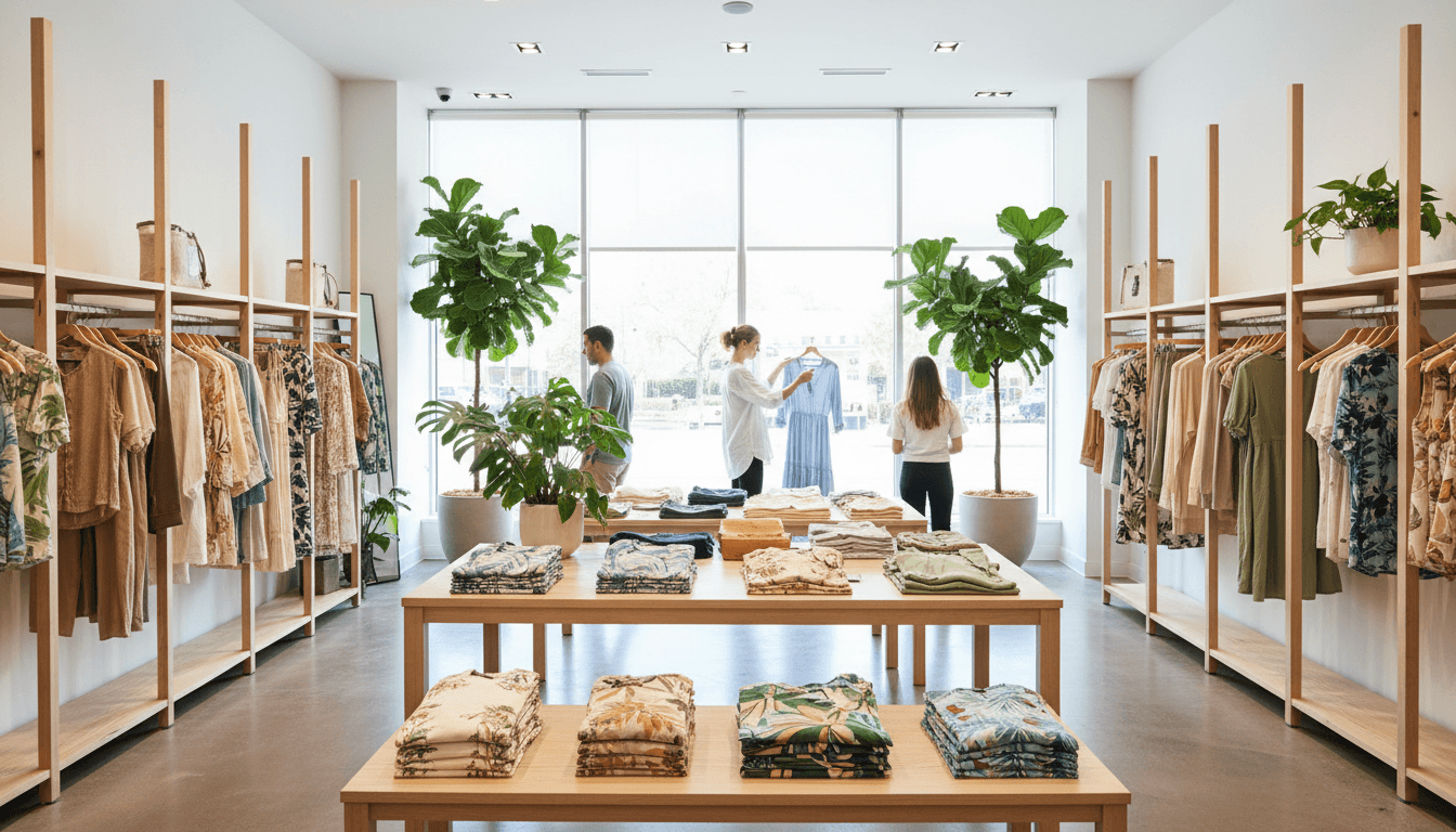 DNA clothing store interior with organized apparel displays and modern retail setup