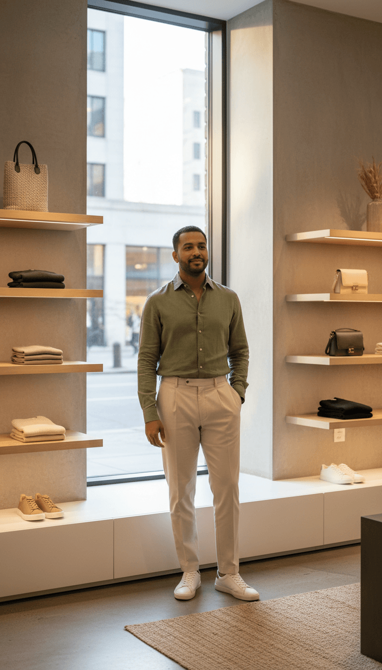 Male customer wearing newly purchased casual outfit from boutique, standing confidently in store with natural lighting