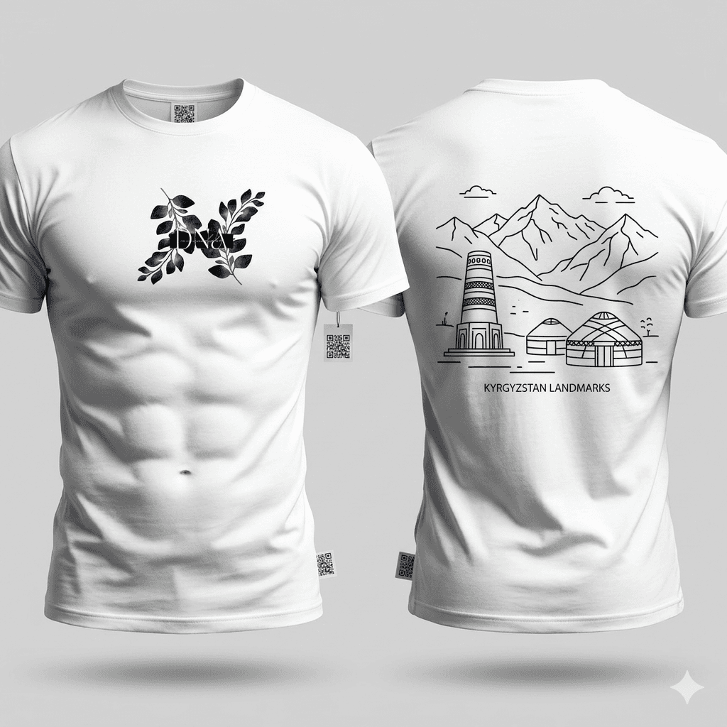 White t-shirt showing floral front graphic and back illustration of mountains, yurts, and Burana Tower.