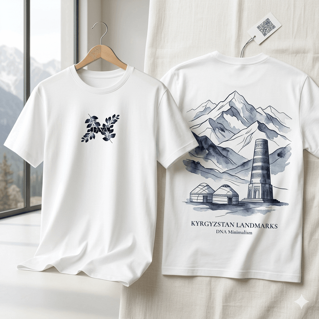 White t-shirts with blue watercolor designs of Kyrgyzstan landmarks, mountains, and traditional yurts.