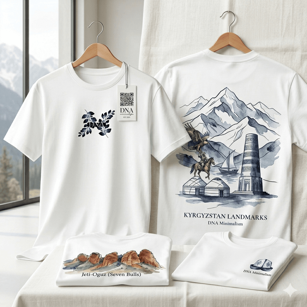 White t-shirts featuring minimalist illustrations of Kyrgyzstan landmarks, including mountains, yurts, and Burana Tower.