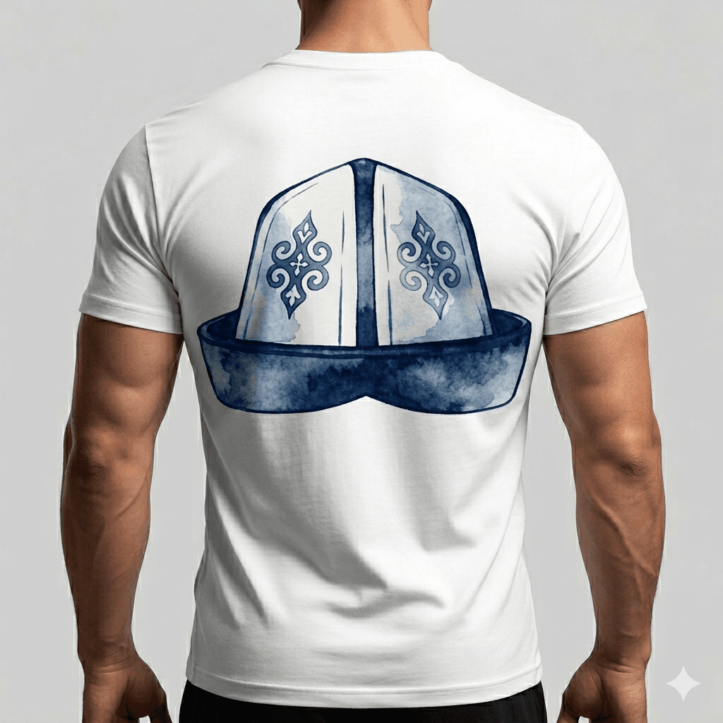 Man from behind wearing a white t-shirt with a blue watercolor traditional Kalpak hat.