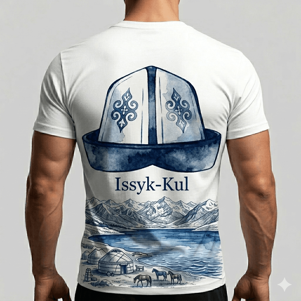 White t-shirt with a blue Kyrgyz hat, 'Issyk-Kul' text, and a mountain lake landscape.