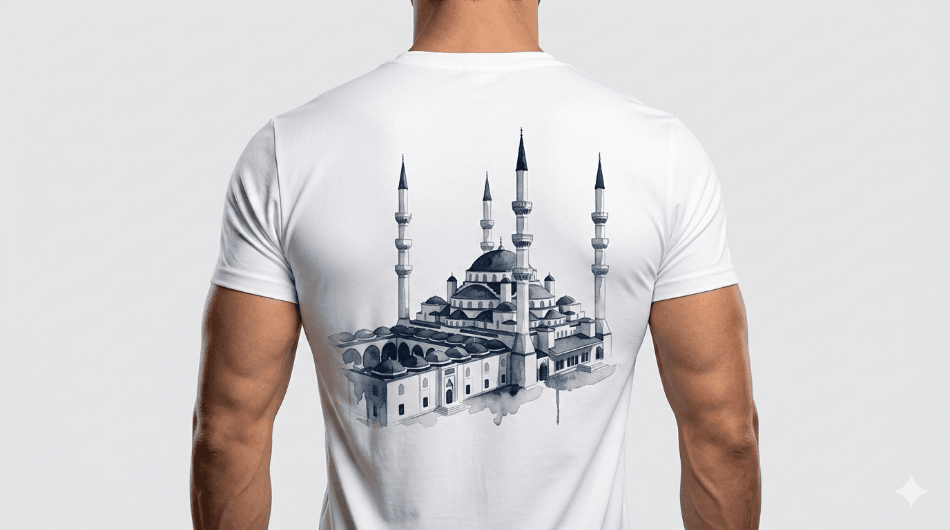 Back of a man in a white t-shirt featuring a blue watercolor mosque illustration.