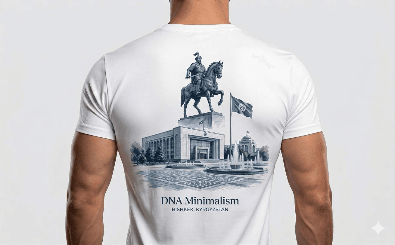 White t-shirt with blue illustration of Bishkek, Kyrgyzstan landmarks and a horse statue.