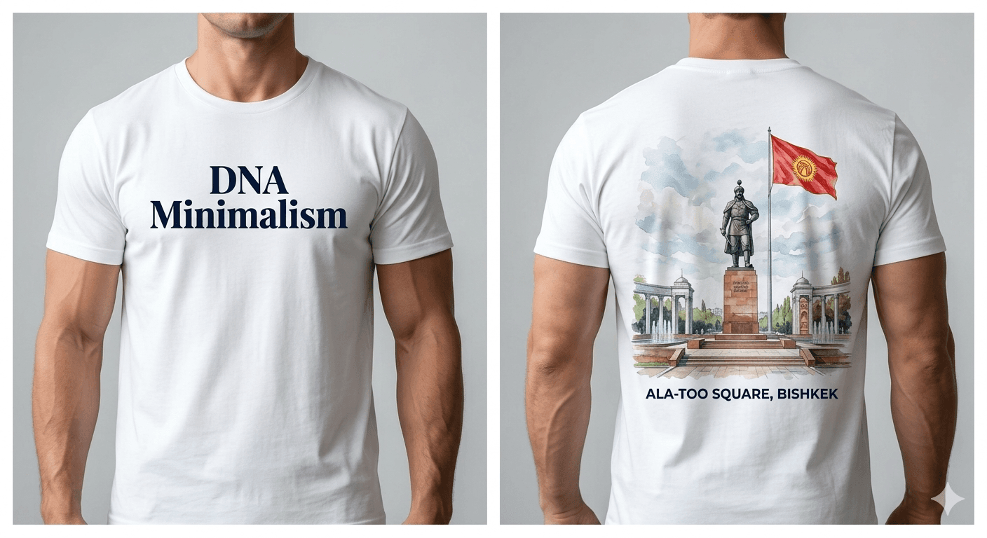 White t-shirt with 'DNA Minimalism' text on front and Ala-Too Square watercolor illustration on back.