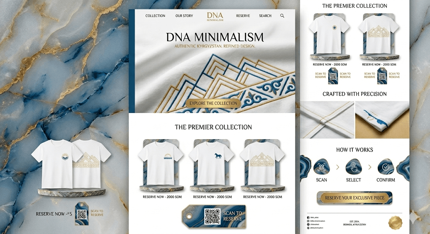 DNA Minimalism website interface showcasing white t-shirts with gold Kyrgyz patterns on blue marble.
